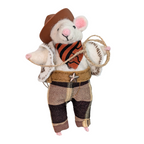 A handcrafted figurine of a mouse wearing a cowboy outfit, including a hat and scarf, made from alpaca fleece.