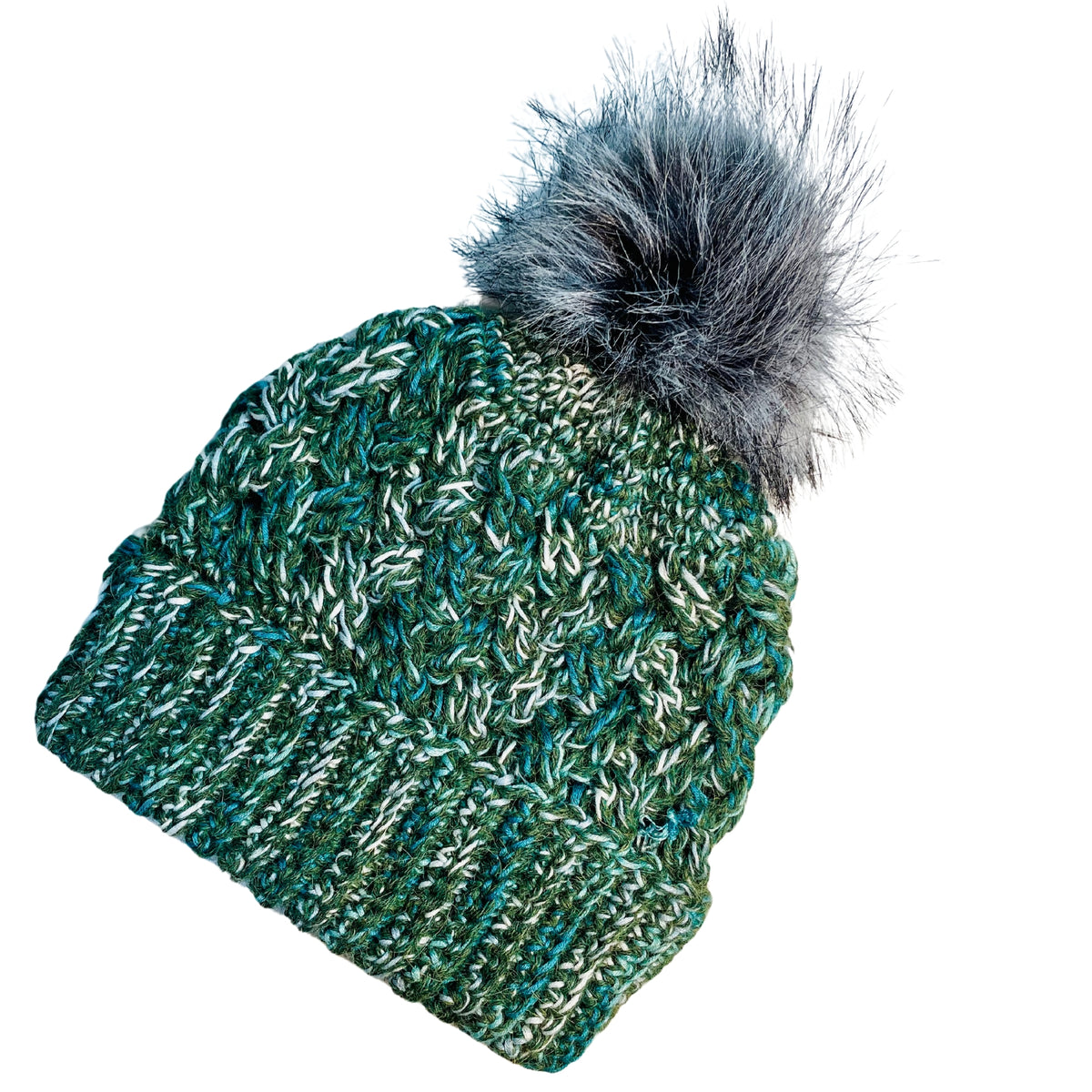 Moss green, teal, turquoise, seafoam, and white colored cozy soft warm handmade knitted crochet celtic hat with a multi-gray pom pom made in Montana by Alpacas of Montana.