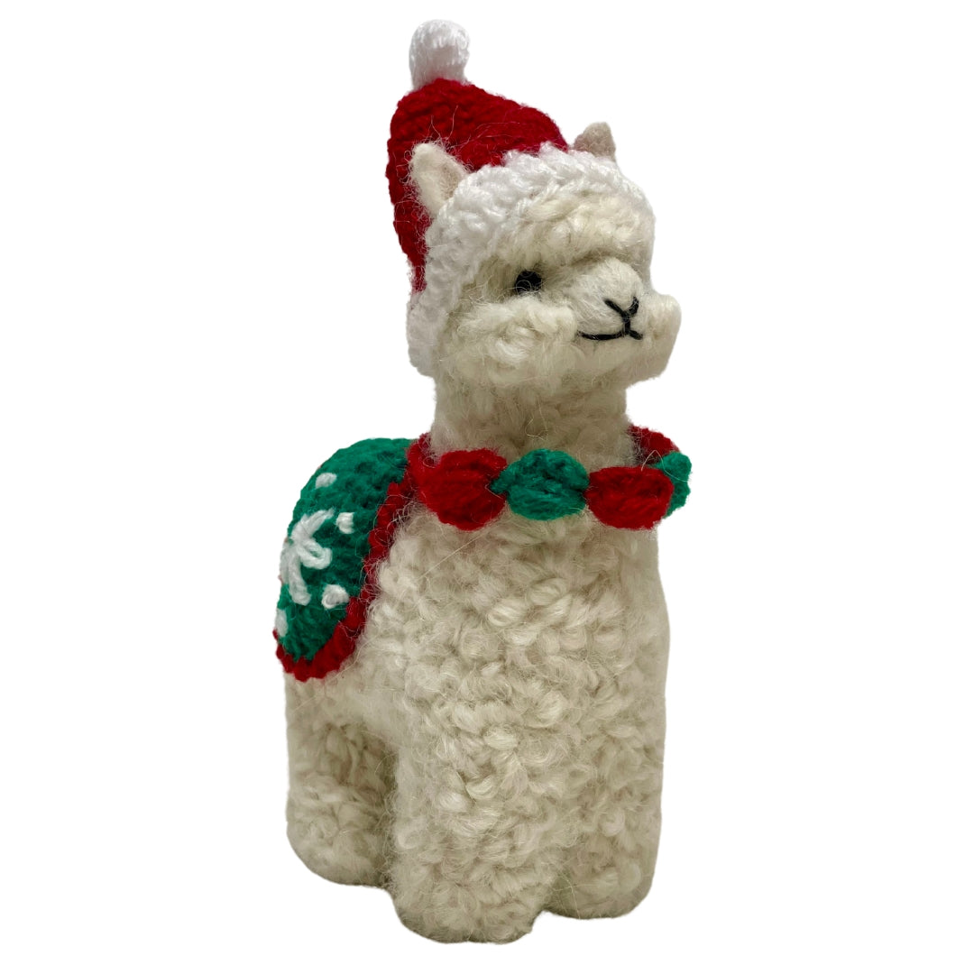 White alpaca with santa hat ornament