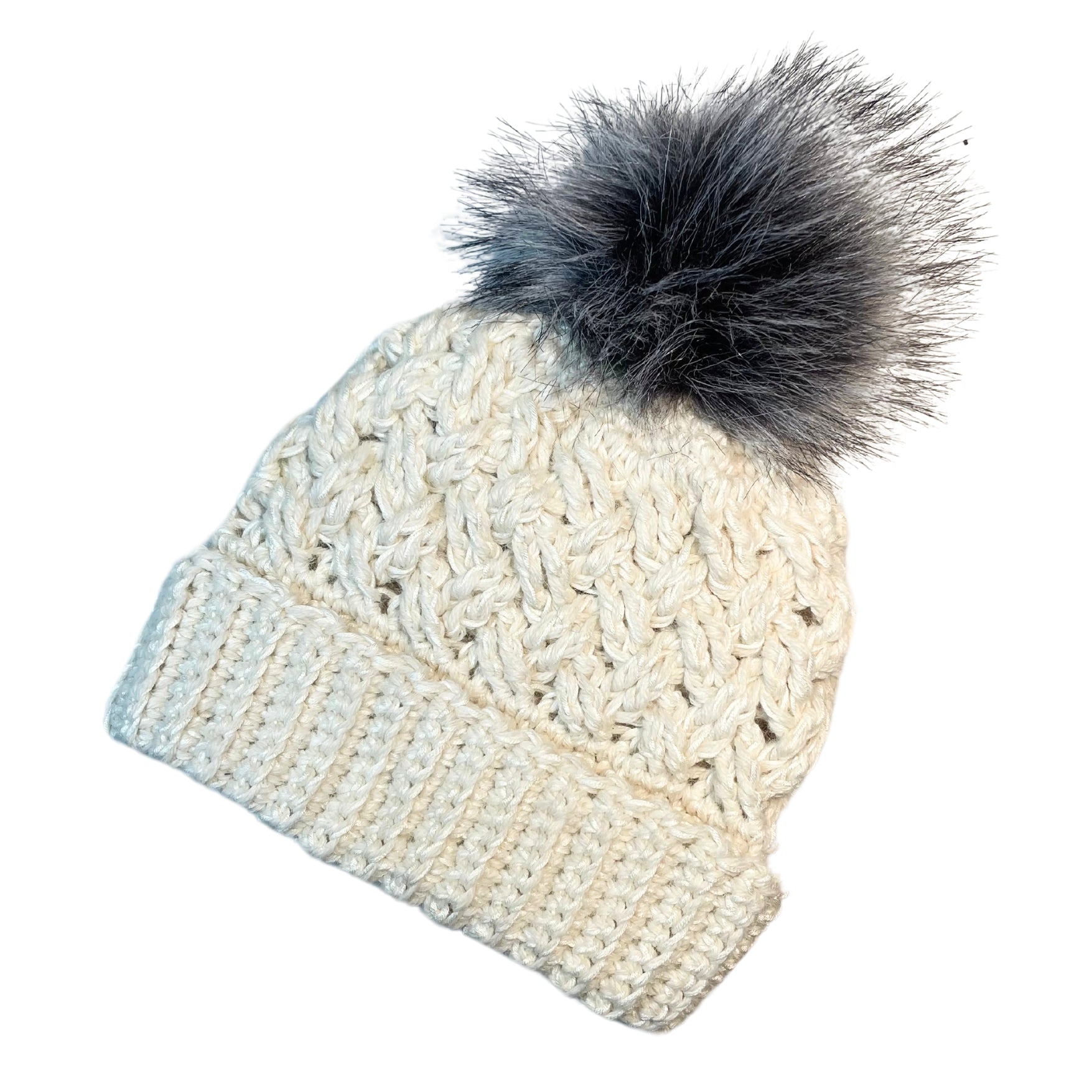 Natural white color cozy soft warm handmade knitted crochet celtic hat with a multi-gray pom pom made in Montana by Alpacas of Montana.