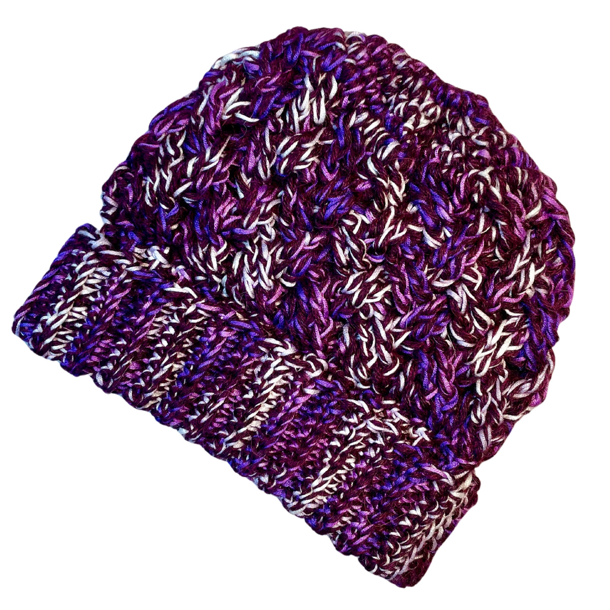 Deep purple, bright purple violet, and white colored cozy soft warm handmade knitted crochet celtic hat made in Montana by Alpacas of Montana.