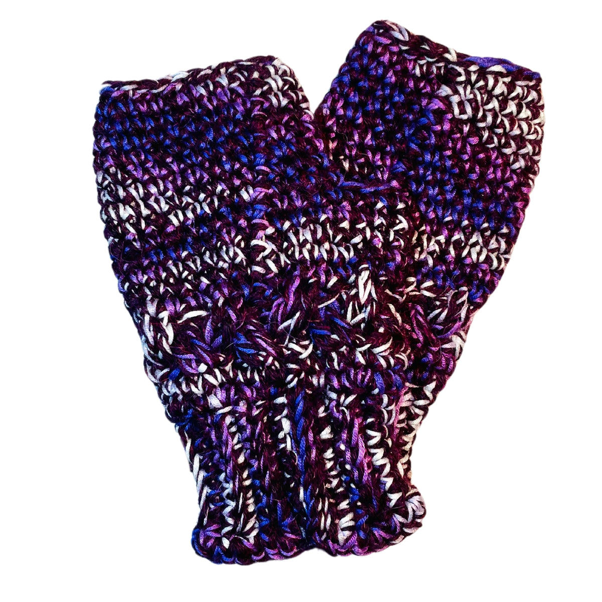Alpacas of Montana deep purple, bright purple violet, and white colored cozy soft warm handmade knitted crochet fingerless celtic wristie mittens made in Montana out of alpaca yarn and bamboo yarn.