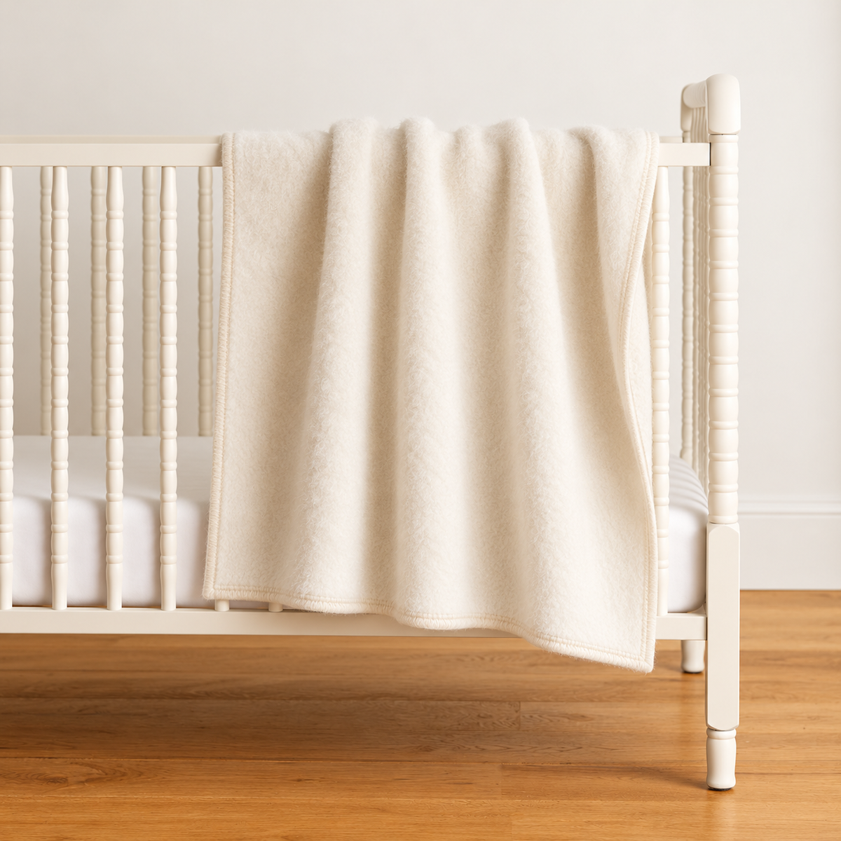 Alpaca Baby blanket off white color shown draped over the corner of a crib.