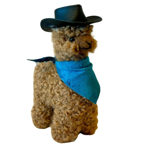 Brown alpaca figurine 4" with black cowboy hat and blue bandanna ornament