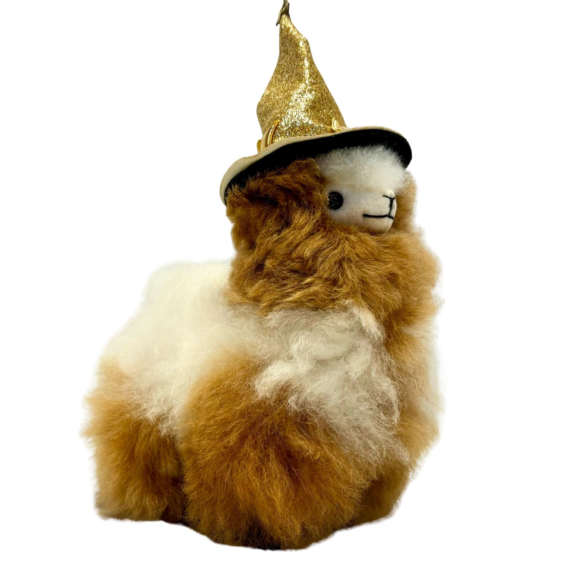 Handmade plush alpaca toy wearing gold witch hat with gold moon and star – Halloween alpaca collectible by Alpacas of Montana