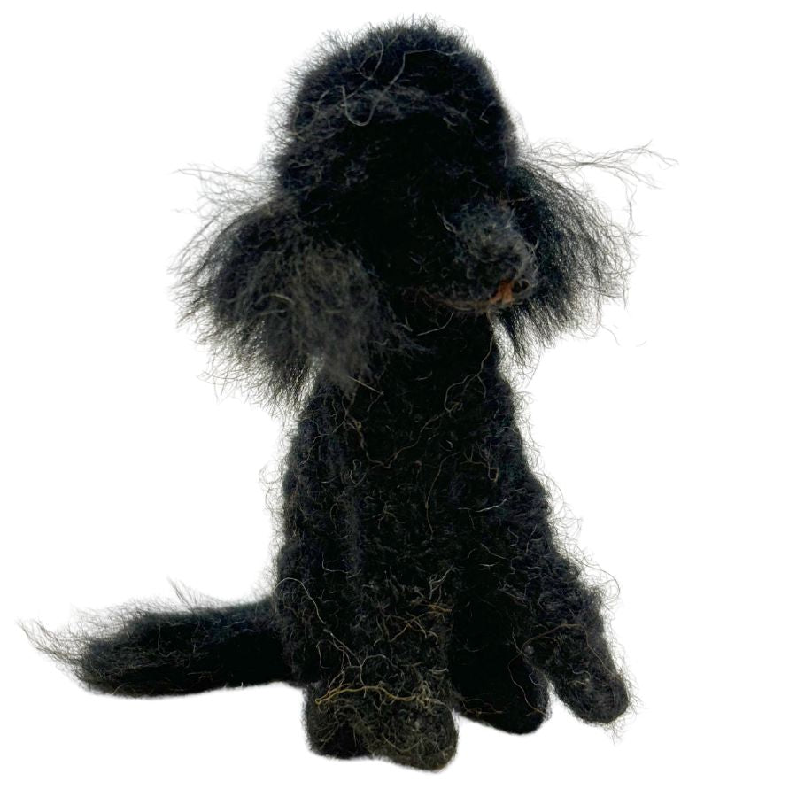 Handmade 4-inch felted black alpaca wool poodle ornament with curly texture and realistic details, includes hanging string