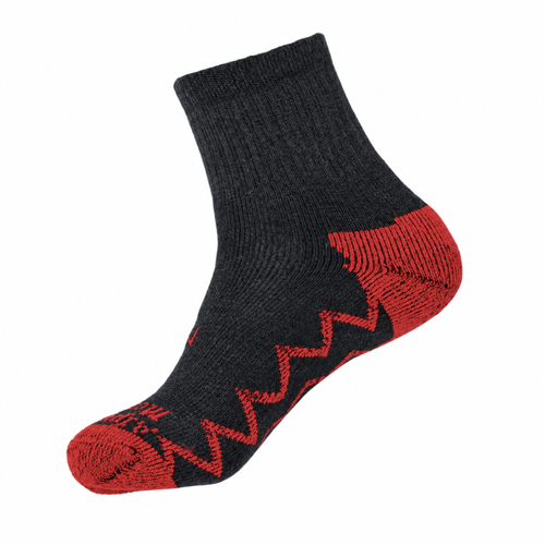 A single ankle sock in black and red, featuring a red zigzag knit pattern along the sole and a red toe and heel.