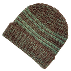 A product photo with a white background of an Alpacas of Montana soft cozy comfortable stylish thermal fashionable moisture wicking antimicrobial knitted crochet toboggan rolled cuff beanie hat handmade in Montana from chocolate brown and moss green alpaca wool yarn.