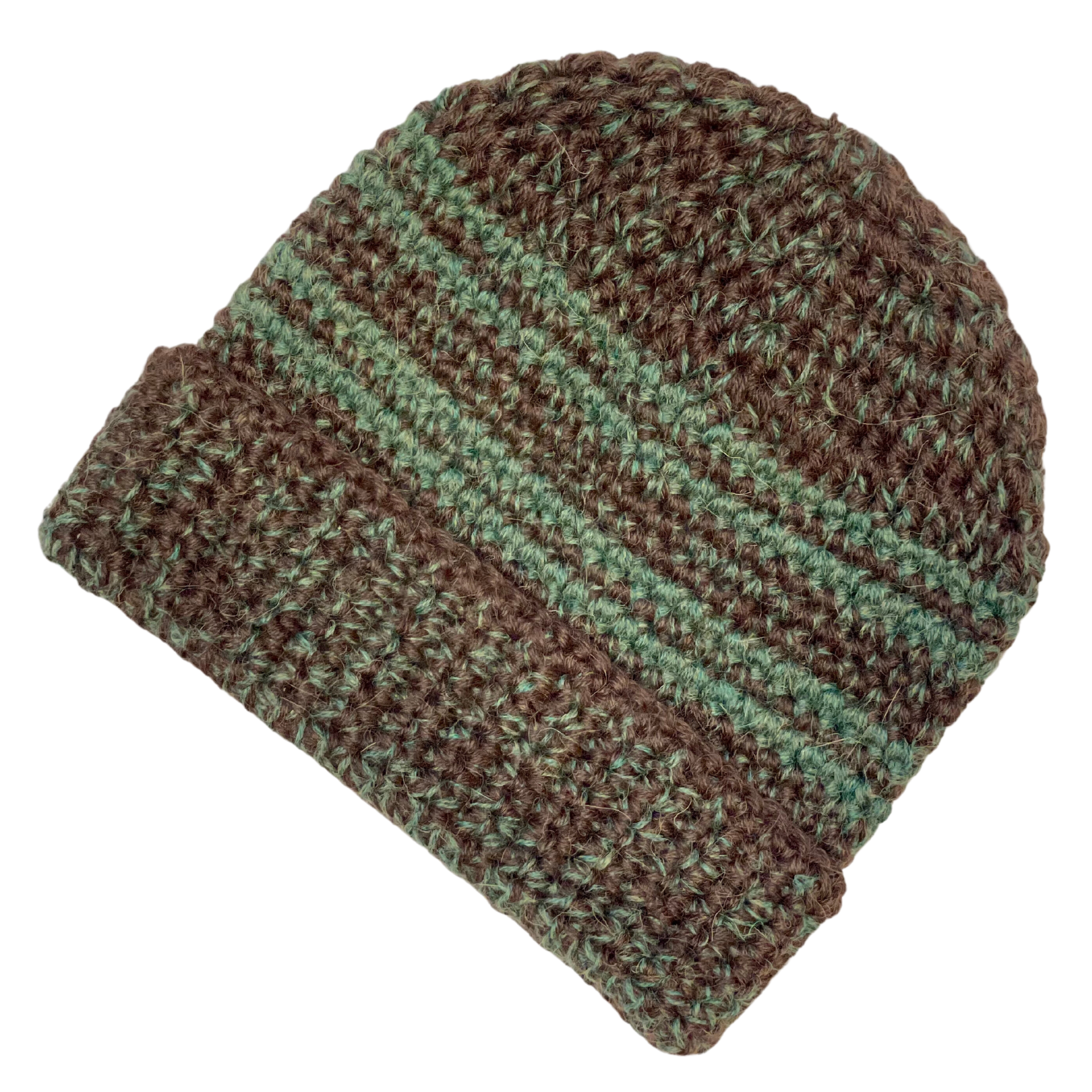 A product photo with a white background of an Alpacas of Montana soft cozy comfortable stylish thermal fashionable moisture wicking antimicrobial knitted crochet toboggan rolled cuff beanie hat handmade in Montana from chocolate brown and moss green alpaca wool yarn.