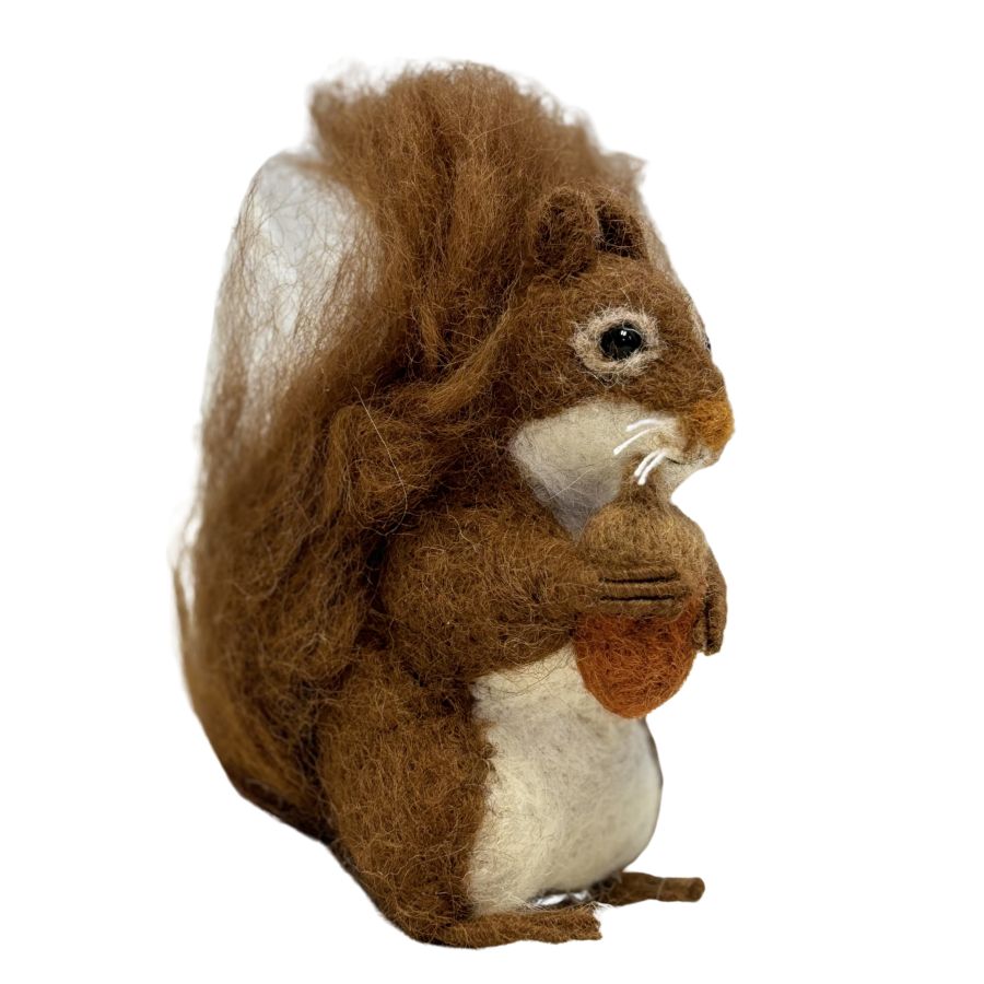 4-inch handmade felted alpaca wool brown squirrel ornament with fluffy tail, white belly, and acorn in paws