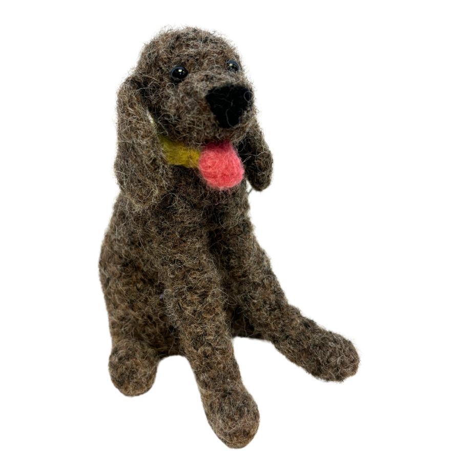 Handmade 4-inch felted alpaca wool chocolate brown Labrador dog ornament with yellow collar and pink tongue