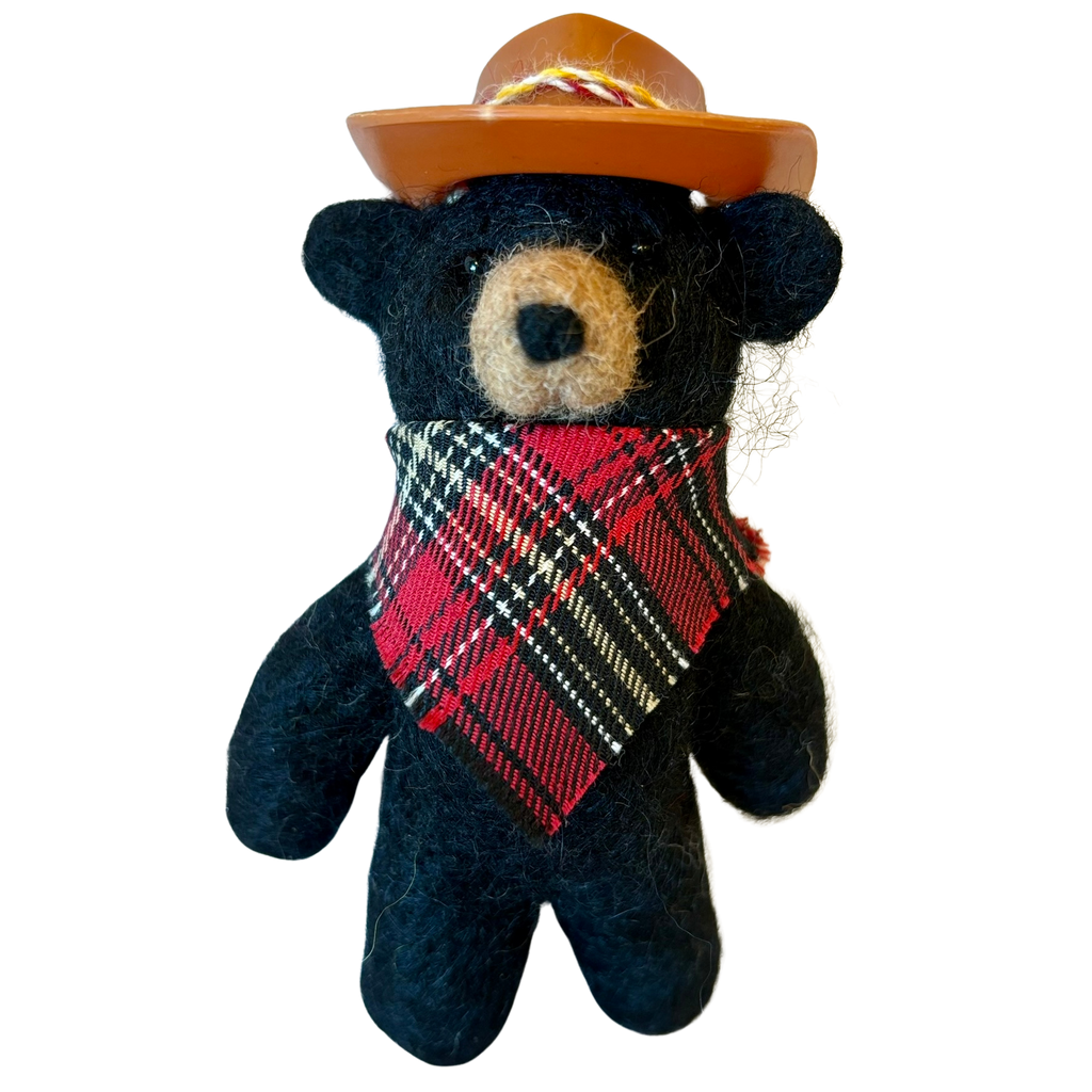 Felted black Bear Ornament with cowboy hat and plaid bandanna made from alpaca fleece