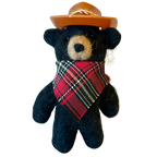 Felted black Bear Ornament with cowboy hat and plaid bandanna made from alpaca fleece