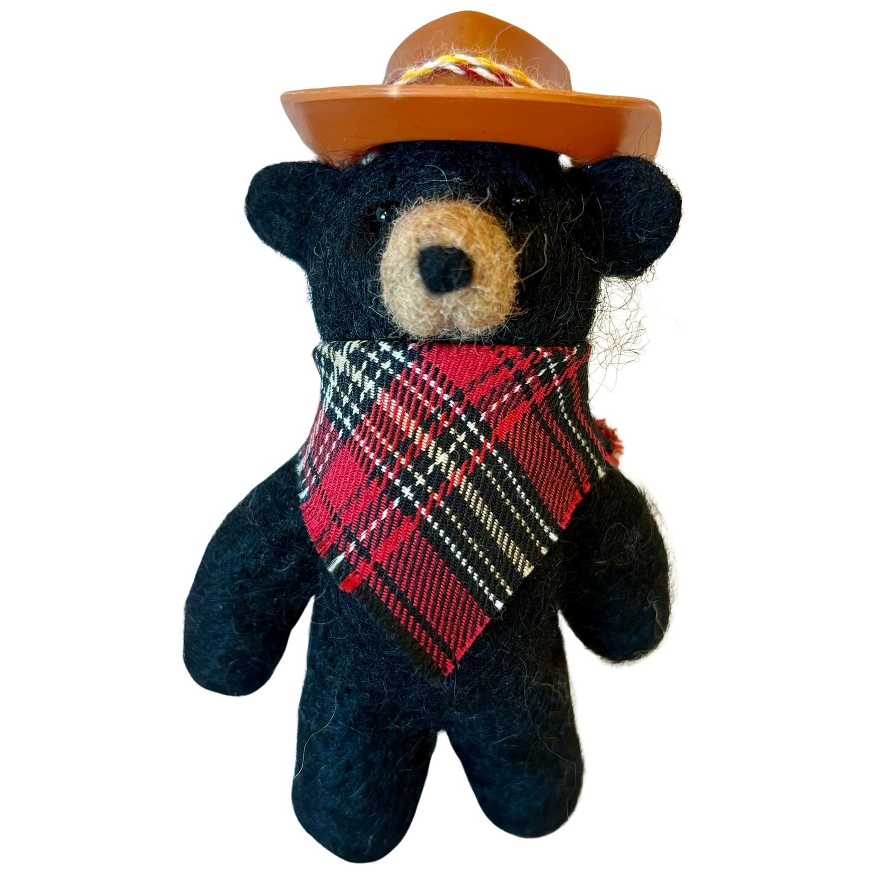 Felted black Bear Ornament with cowboy hat and plaid bandanna made from alpaca fleece
