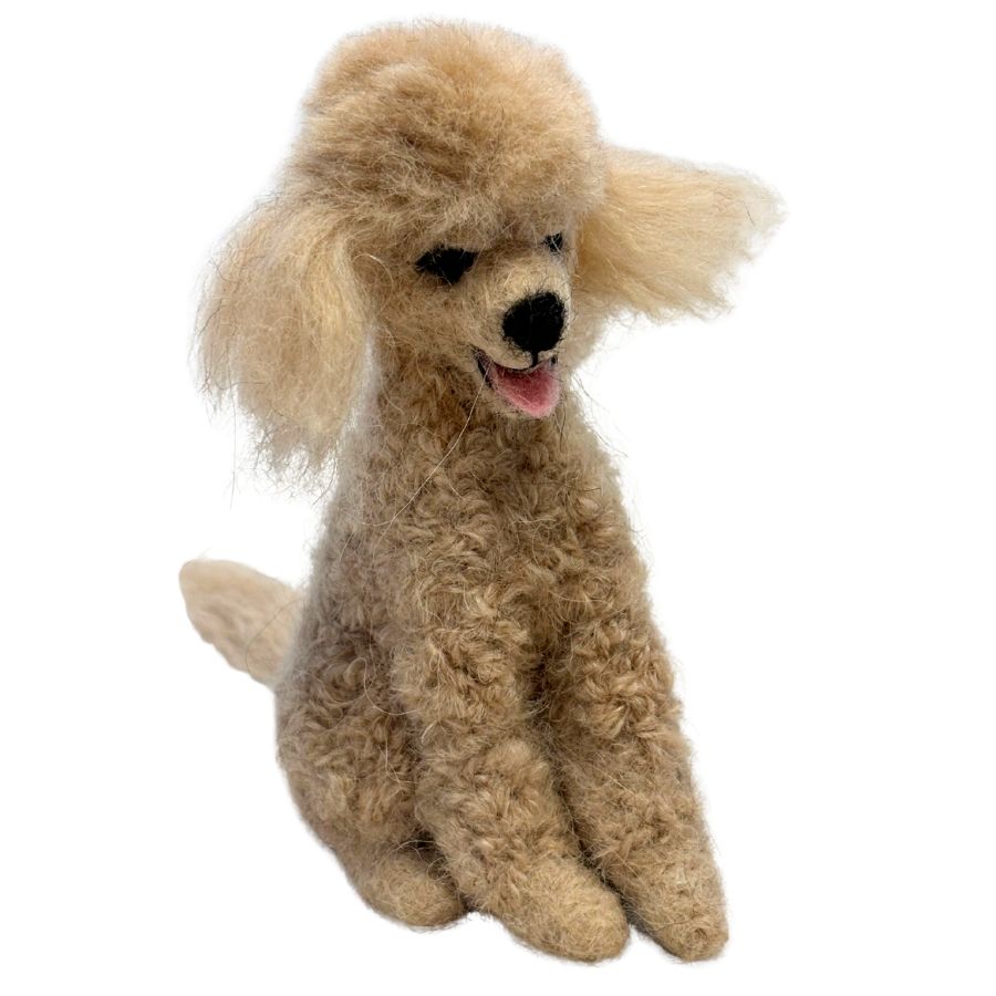 Handmade 4-inch cream-colored felted alpaca wool poodle ornament with curly ears and classic poodle silhouette, includes string for hanging