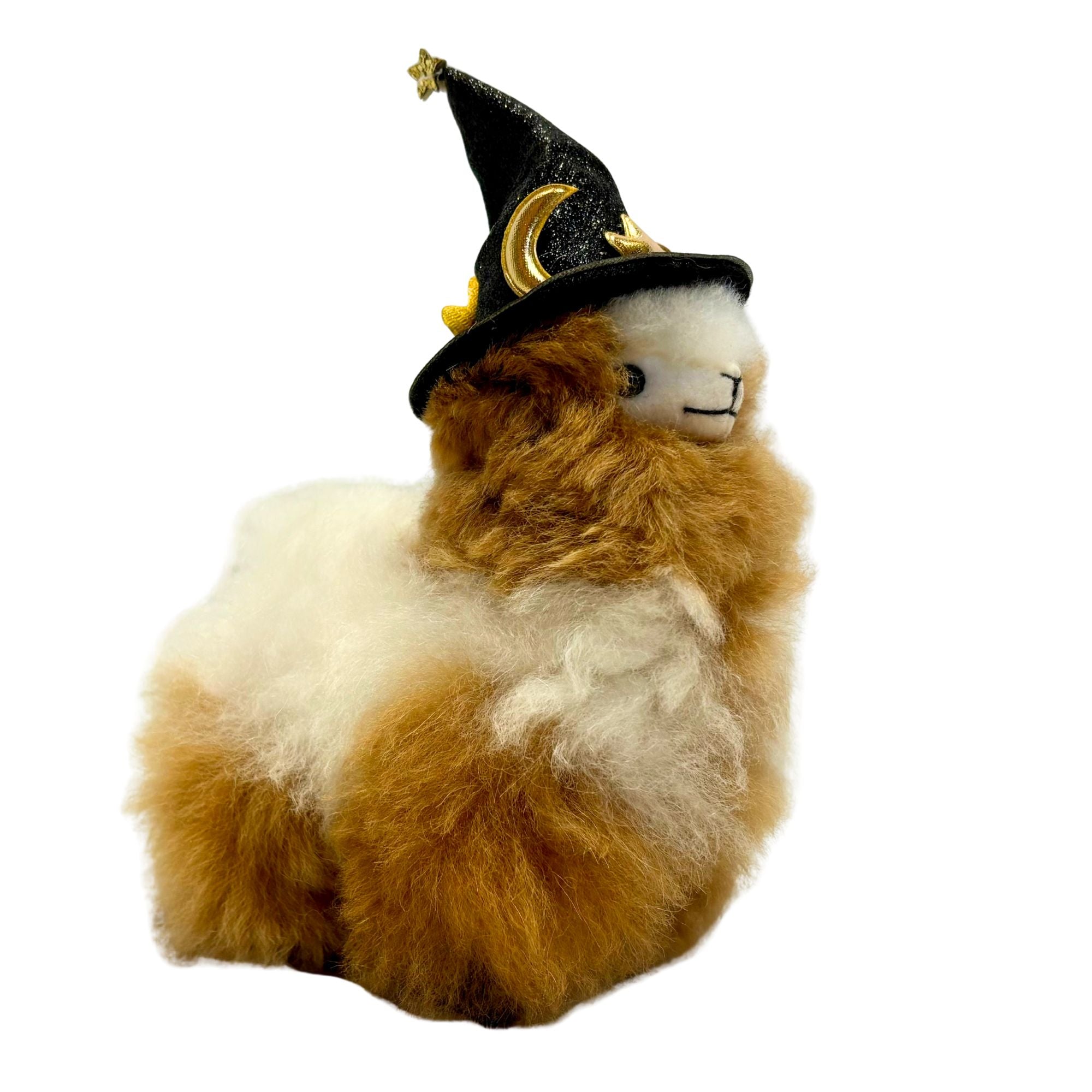 Handmade plush alpaca toy wearing black witch hat with gold moon and star – Halloween alpaca collectible by Alpacas of Montana