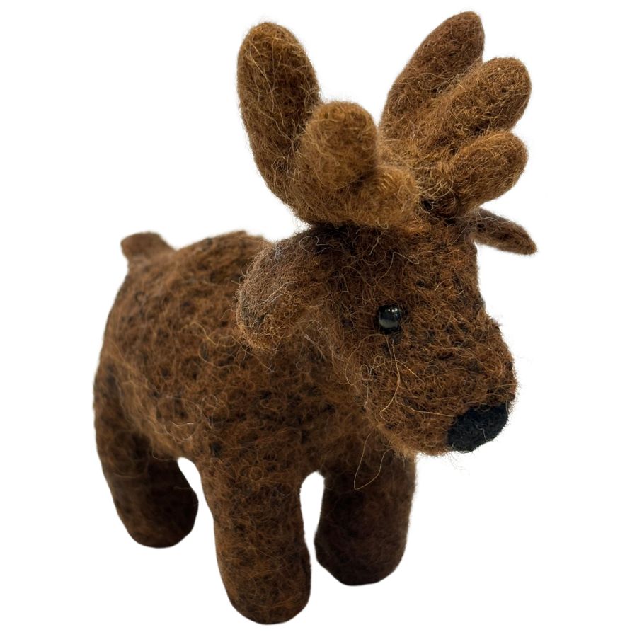 Handmade 4-inch felted alpaca wool moose ornament with rounded antlers and a cartoon-style design, includes hanging string