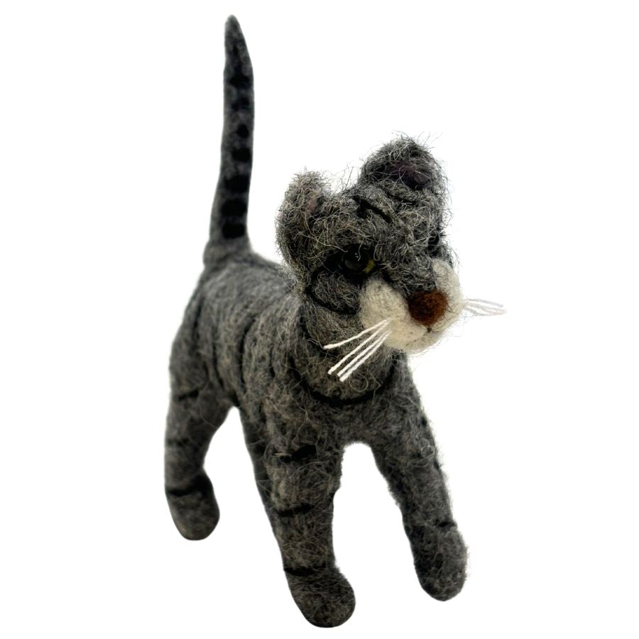 Handmade 4-inch gray felted alpaca wool cat ornament with black stripes, white whiskers, and upright tail