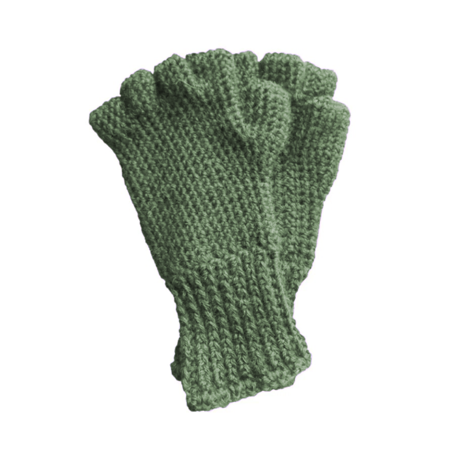 A product photo with a white background of a hand wearing a soft cozy comfortable fashionable moisture wicking knitted crochet fingerless gloves handmade in Montana from mossy green alpaca wool yarn.