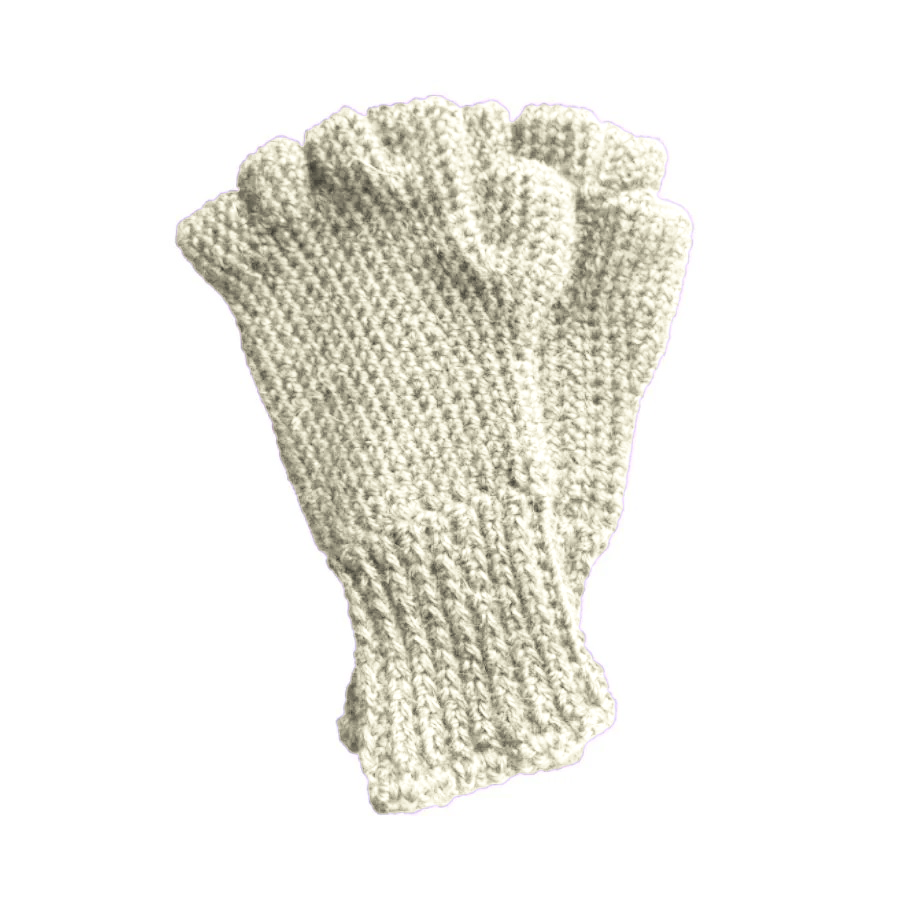 A product photo with a white background of a hand wearing a soft cozy comfortable fashionable moisture wicking knitted crochet fingerless gloves handmade in Montana from natural white alpaca wool yarn.