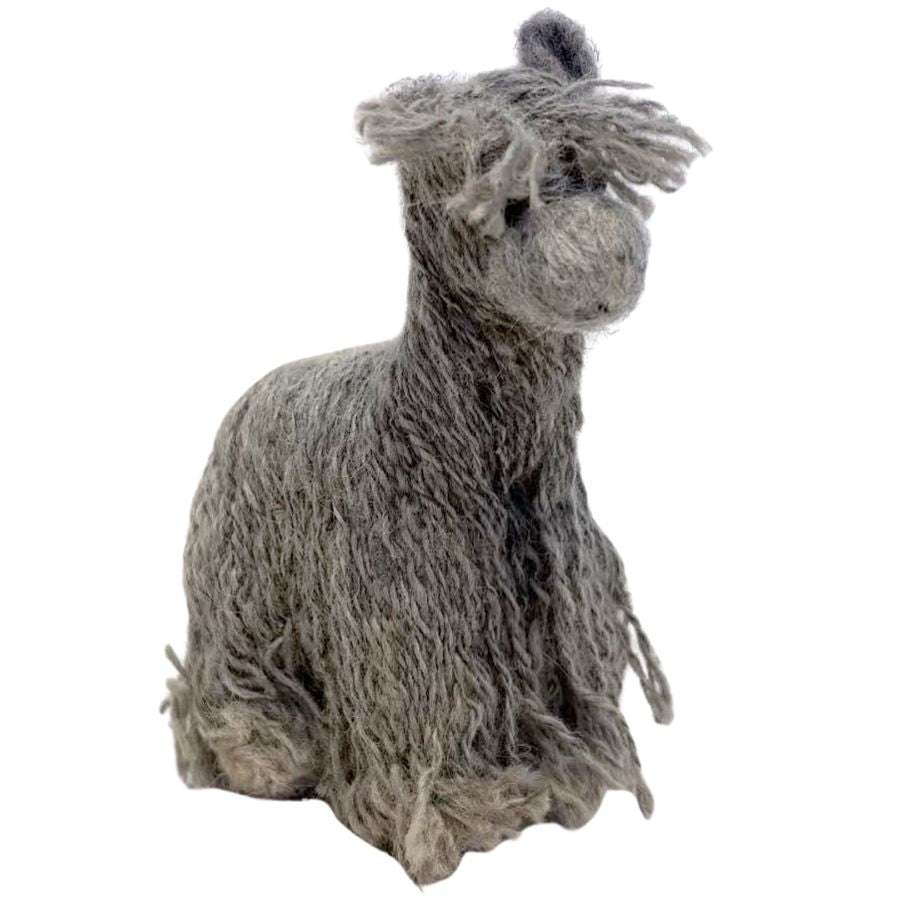 Handmade 4-inch gray Suri alpaca ornament made from felted alpaca wool with long textured fiber and hanging string