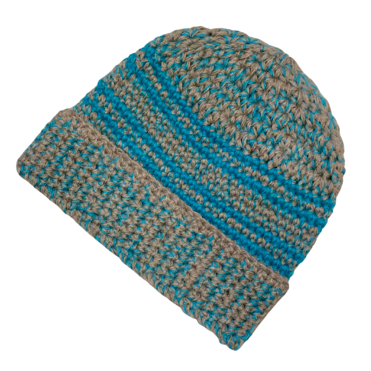 A product photo with a white background of an Alpacas of Montana soft cozy comfortable stylish thermal fashionable moisture wicking antimicrobial knitted crochet toboggan rolled cuff beanie hat handmade in Montana from latte brown and bright teal aqua blue alpaca wool and bamboo yarn.