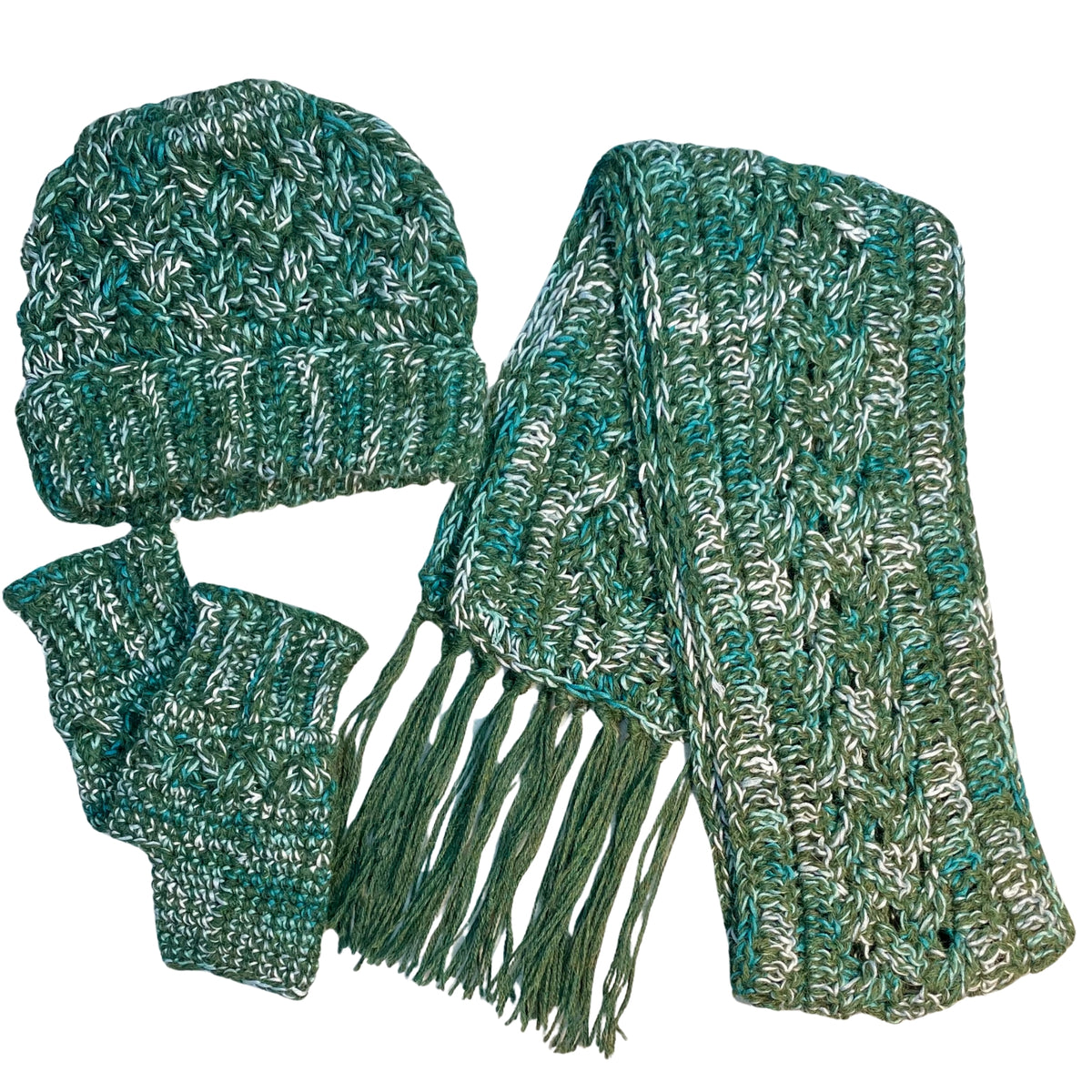 Cozy soft warm alpaca and bamboo matching set of celtic pattern hat, scarf with long tassels, and fingerless wristie mittens for winter fashion. Handmade knitted crochet items made from yarn in the colors moss green, teal, turquoise, seafoam, and white. 