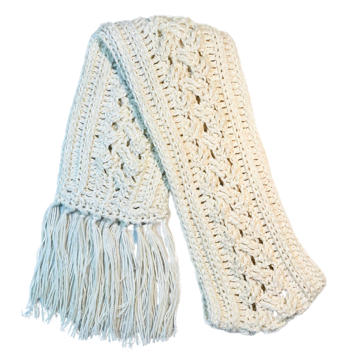 Cozy soft warm alpaca and bamboo scarf for winter fashion. Handmade knitted crochet scarf made from yarn in the color natural white.
