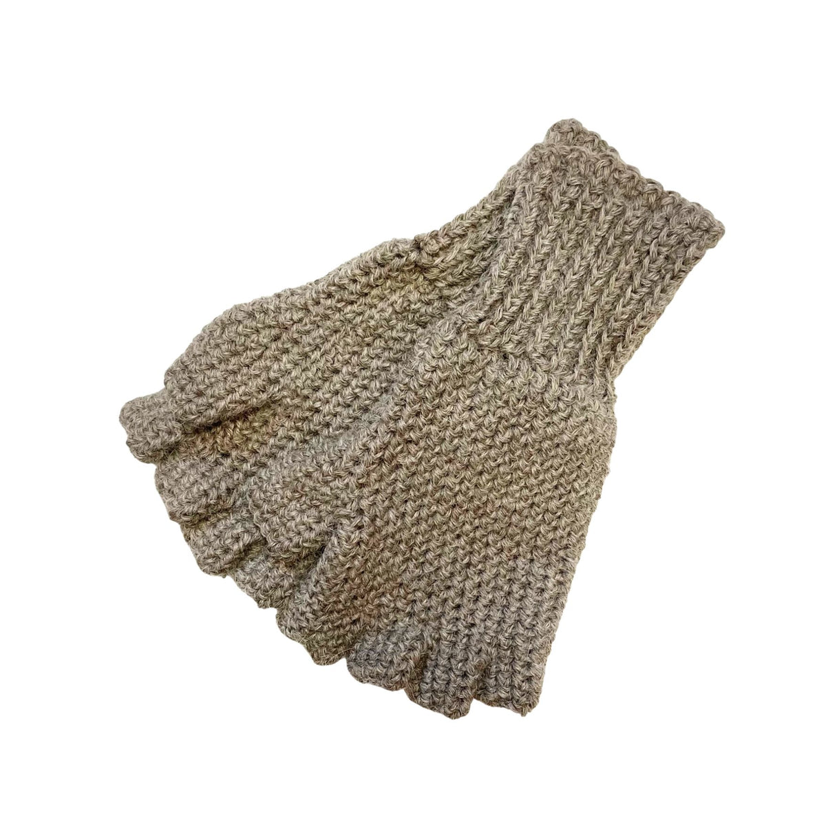 A product photo with a white background of a hand wearing a soft cozy comfortable fashionable moisture wicking knitted crochet fingerless gloves handmade in Montana from latte brown alpaca wool yarn.