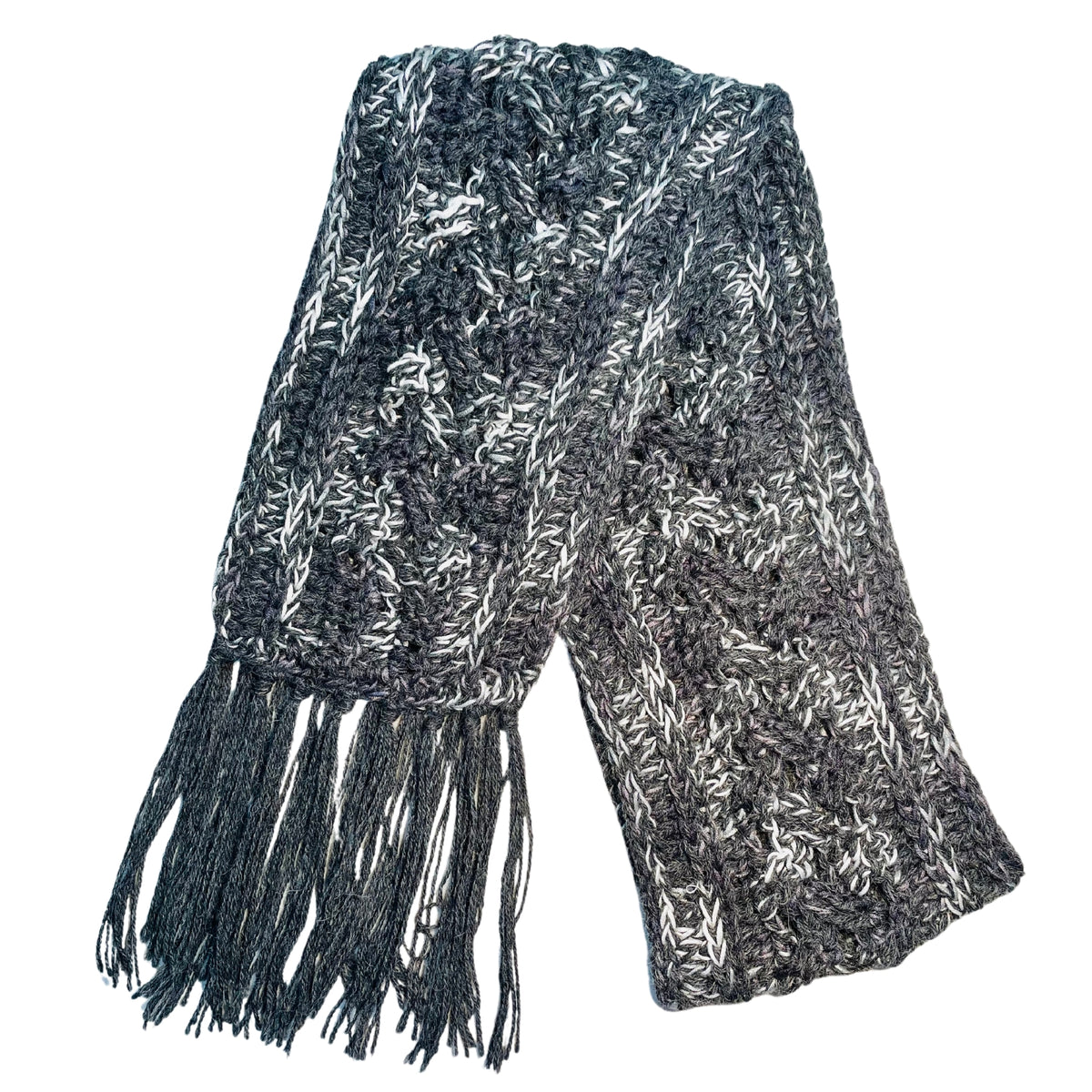 Cozy soft warm alpaca and bamboo scarf for winter fashion. Handmade knitted crochet scarf made from yarn in the colors black, charcoal, dark gray, light gray, and white.