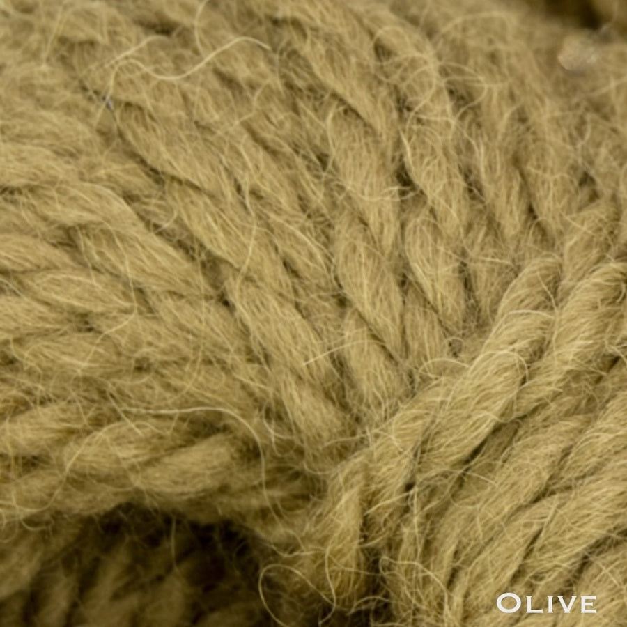 Olive green bulky baby alpaca yarn with 'OLIVE' label