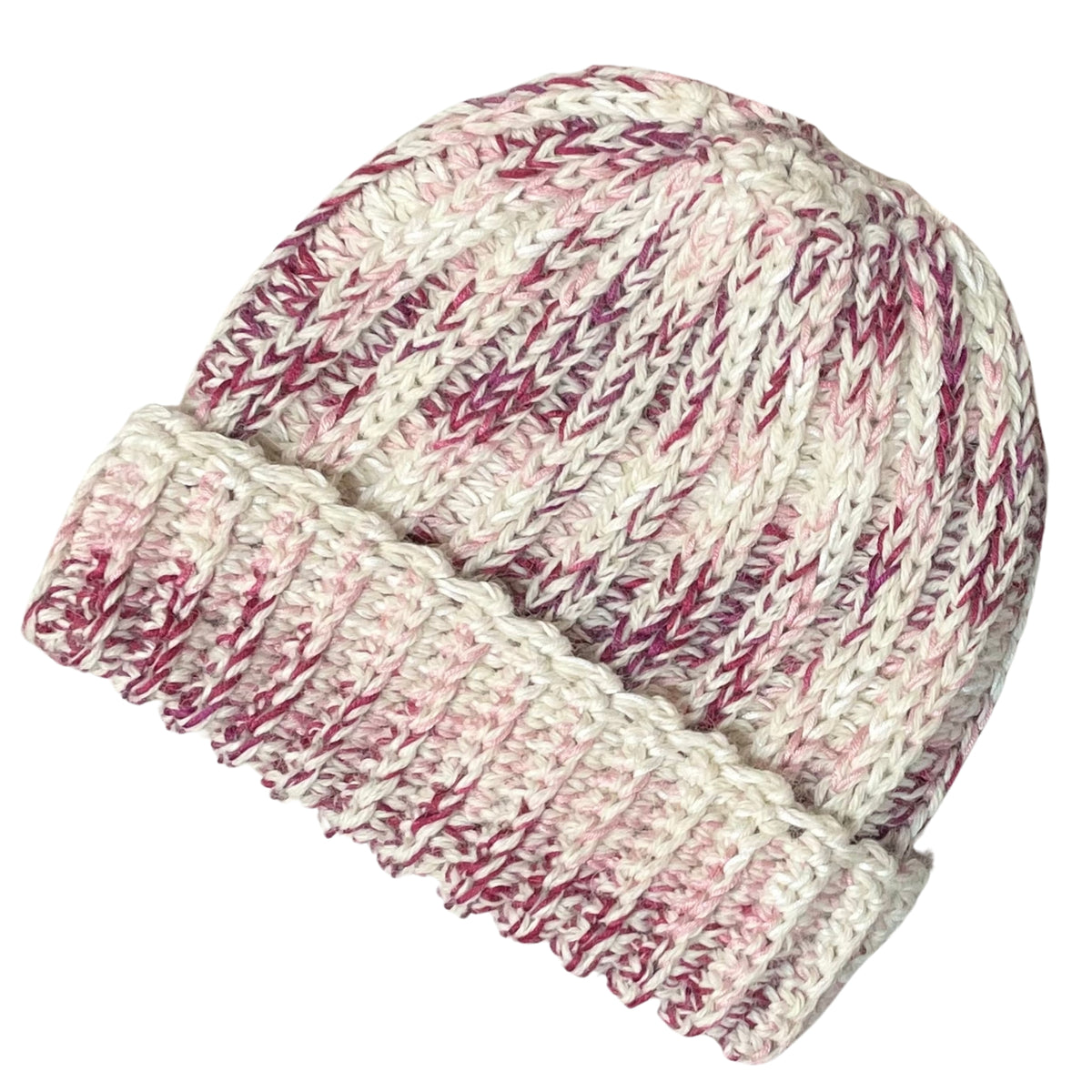 Fuchsia, dark pink, light pink, carnation, and white colored cozy soft warm handmade knitted crochet ridge ribbed hat made in Montana by Alpacas of Montana.