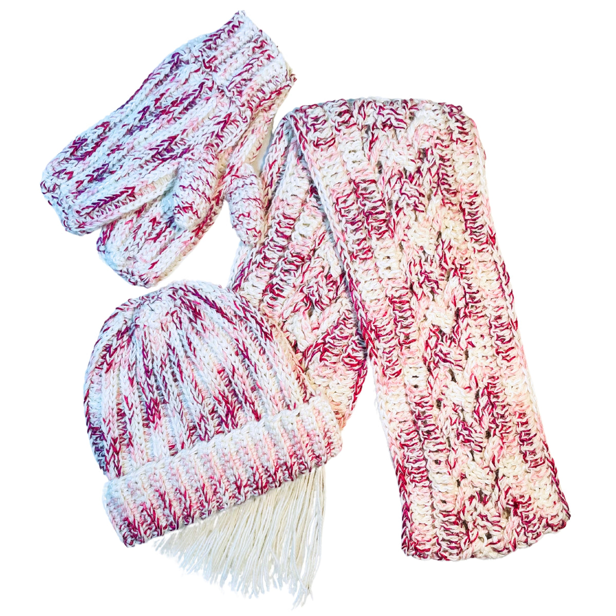 Cozy soft warm alpaca and bamboo matching set of ridge ribbed hat, scarf with long tassels, and ridge ribbed mittens for winter fashion. Handmade knitted crochet items made from yarn in the colors fuchsia, dark pink, light pink, carnation, and white.