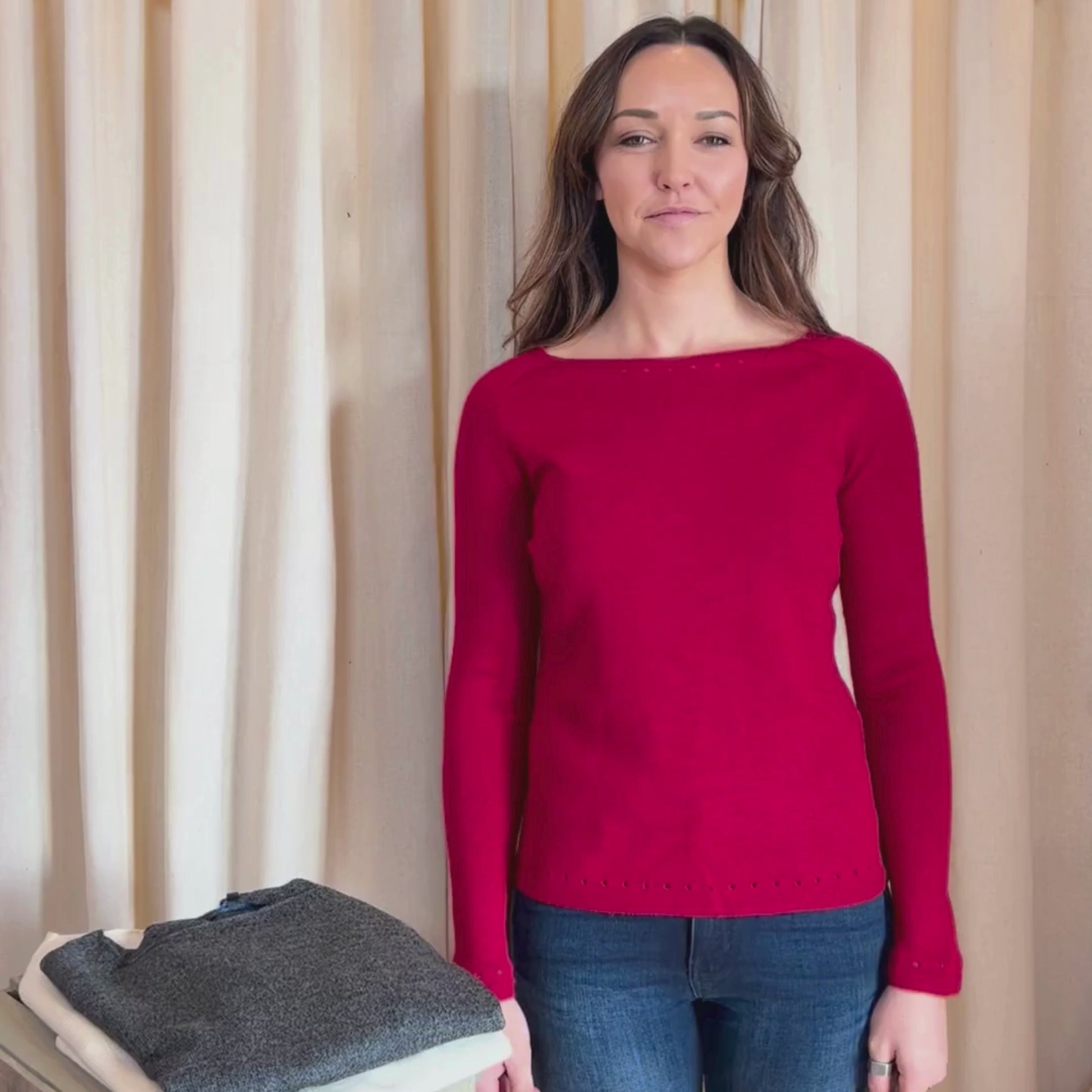 A promotional informative video about the cozy comfortable soft elegant fashionable Luxe Light Sweater.