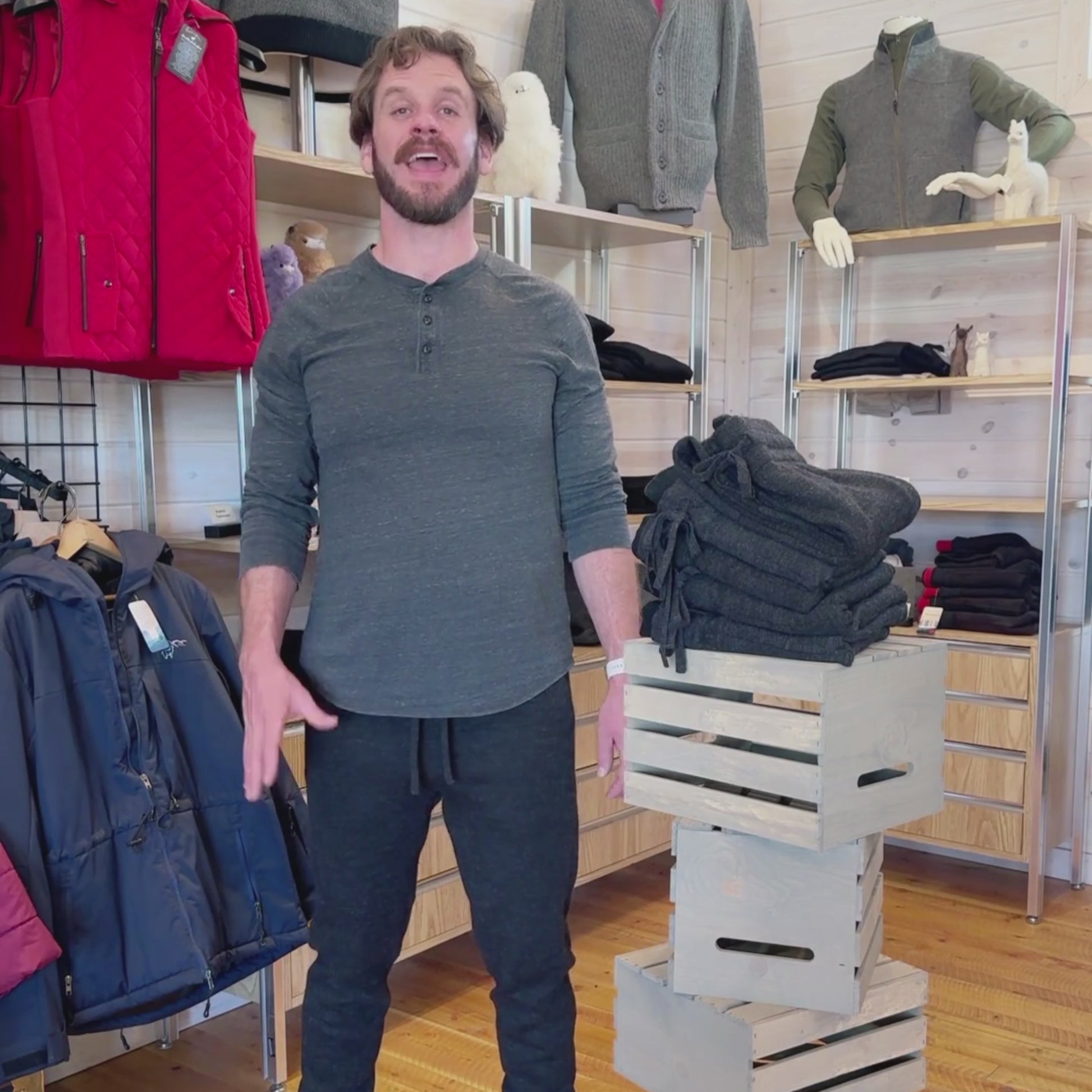 An informative product video of the Alpacas of Montana gray men's joggers