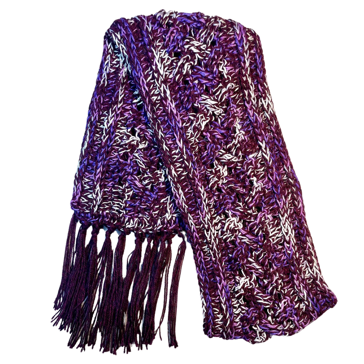 Cozy soft warm alpaca and bamboo scarf for winter fashion. Handmade knitted crochet scarf made from yarn in the colors deep purple, bright purple violet, and white. 
