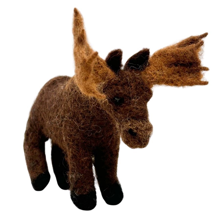 Realistic 4-inch handmade felted alpaca wool moose ornament with detailed antlers, black hooves, and lifelike features, includes hanging string