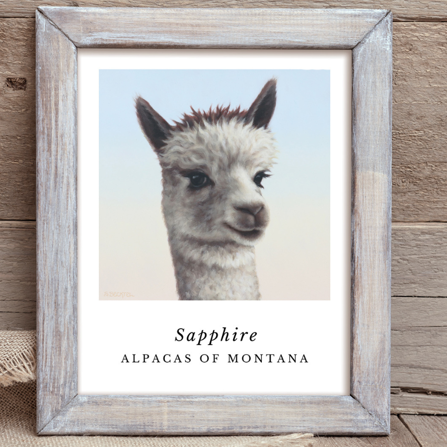 Framed painting of a gray alpaca names Sapphire