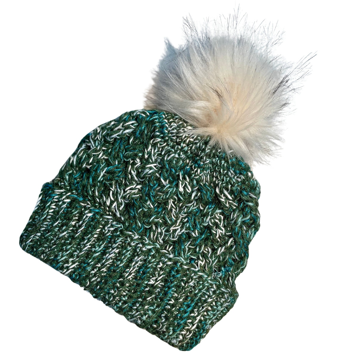 Moss green, teal, turquoise, seafoam, and white colored cozy soft warm handmade knitted crochet celtic hat with a white pom pom made in Montana by Alpacas of Montana.