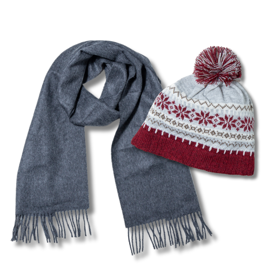 Gray scarf and patterned red and white hat on a white background