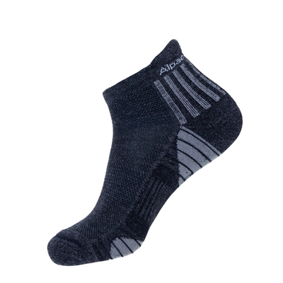 A pair of black and gray Swift Wicking Running Socks with cushioned bottoms and ankle tabs.