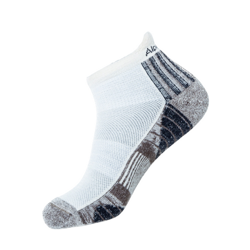 Side view of white running wicking socks made for active wear