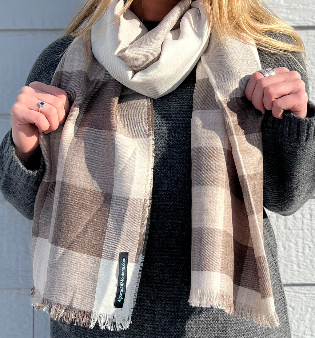 A torso-only photo of a woman wearing a charcoal gray Alpacas of Montana Cozy Knit Sweater and a soft comfortable cozy lightweight elegant fashion beautiful silk and alpaca wool woven chocolate brown, chestnut, latte, and white scarf.