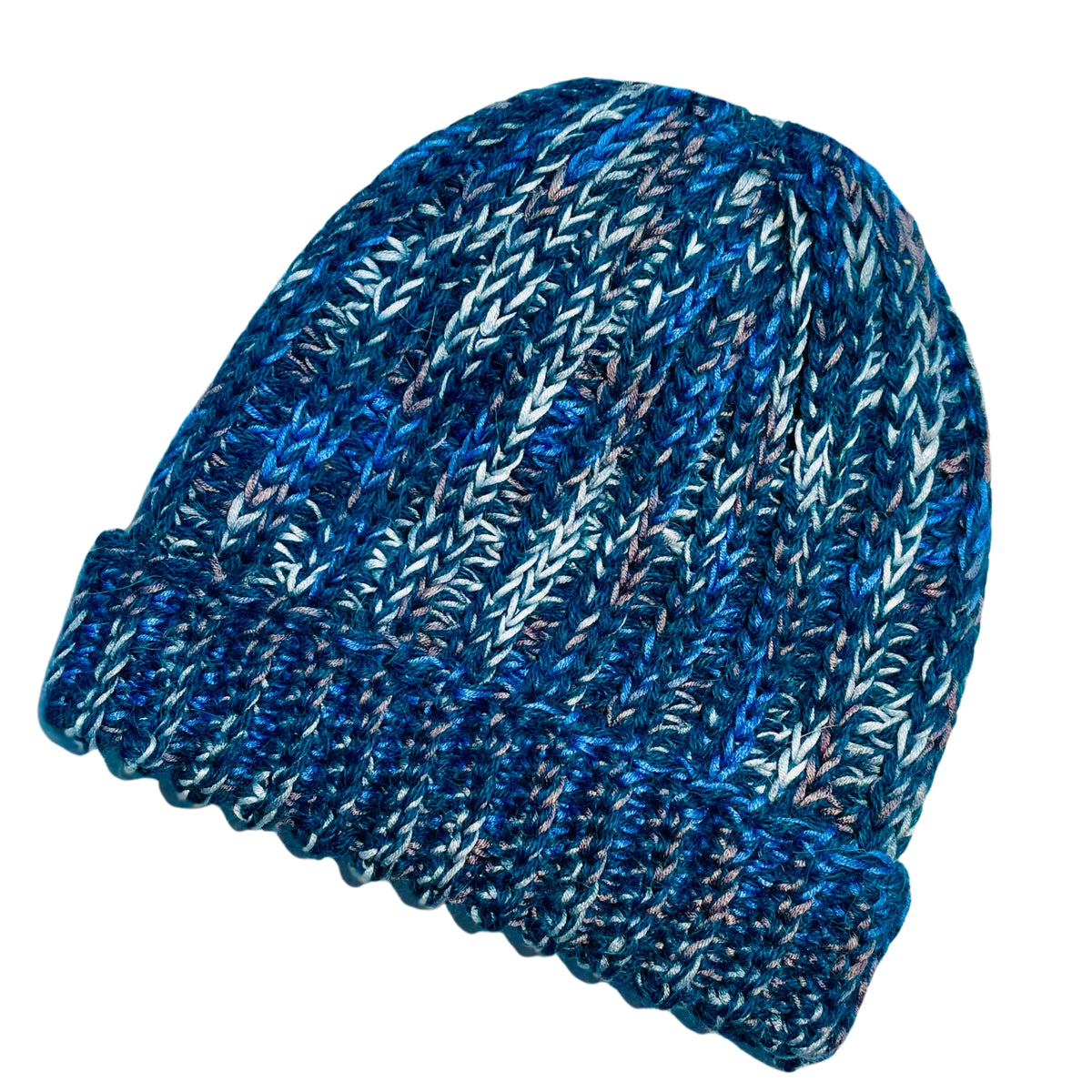 Ocean blue, dark turquoise, cobalt, cerulean, gray, and white colored cozy soft warm handmade knitted crochet ridge ribbed hat made in Montana by Alpacas of Montana.