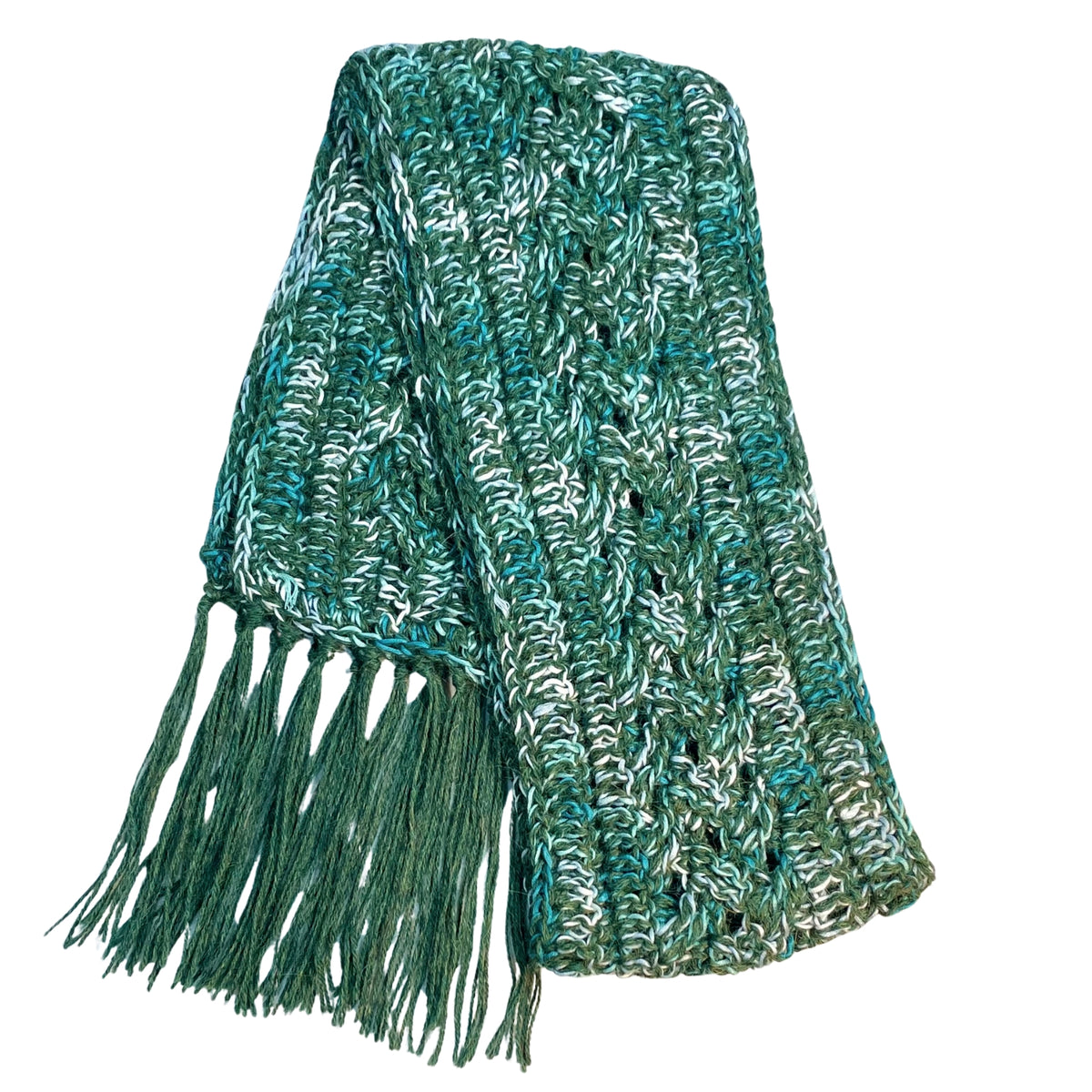 Cozy soft warm alpaca and bamboo scarf for winter fashion. Handmade knitted crochet scarf made from yarn in the colors moss green, teal, turquoise, seafoam, and white.