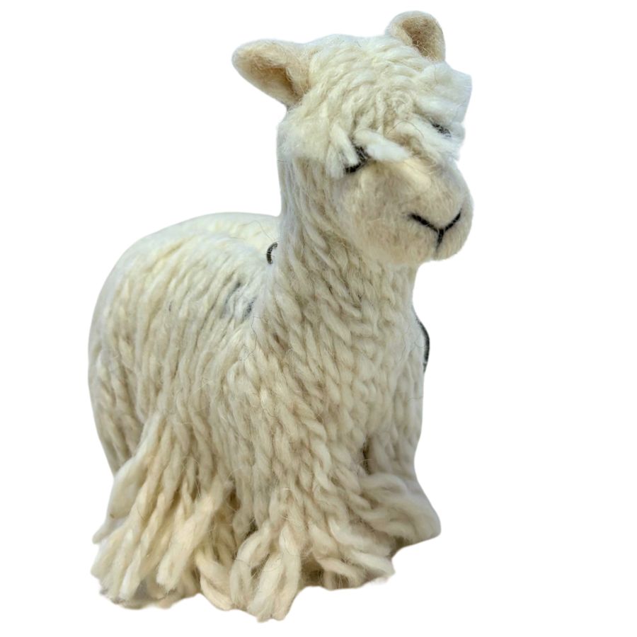 Handmade 4-inch white Suri alpaca wool ornament with soft yarn-like texture and string for hanging on tree or display