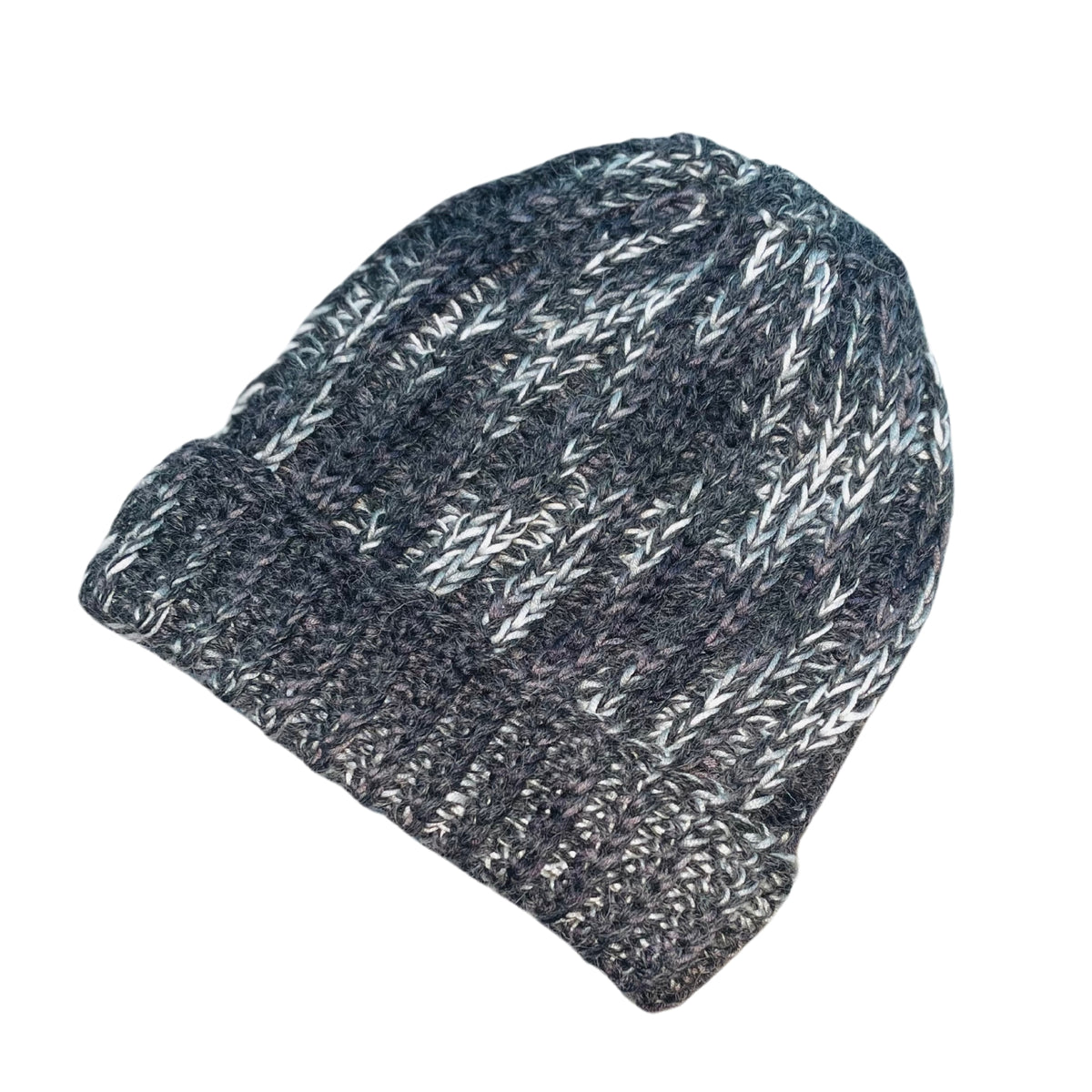 Black, charcoal, dark gray, light gray, and white colored cozy soft warm handmade knitted crochet ridge ribbed hat made in Montana by Alpacas of Montana.