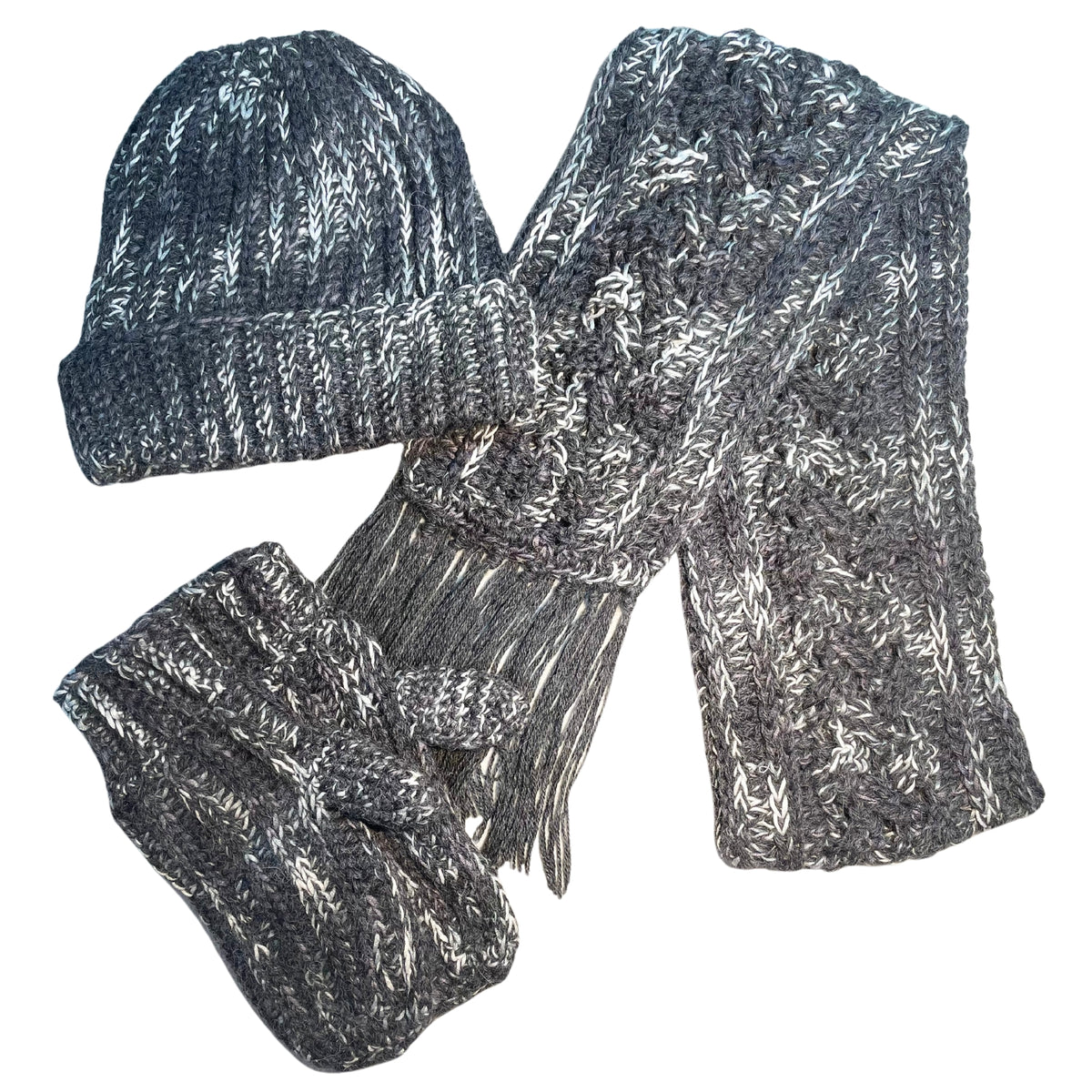 Cozy soft warm alpaca and bamboo matching set of ridge ribbed hat, scarf with long tassels, and ridge ribbed mittens for winter fashion. Handmade knitted crochet items made from yarn in the colors black, charcoal, dark gray, light gray, and white.