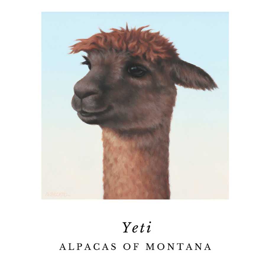 A portrait painting of an alpaca named Yeti that has been painted as original art