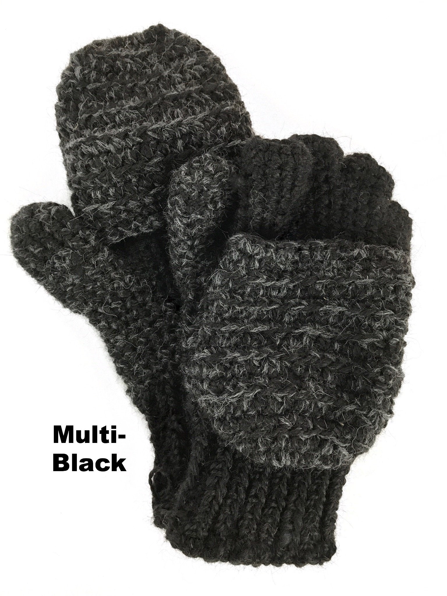 A close up photo of a pair of hands wearing soft warm winter stylish cozy comfortable fashionable moisture wicking knitted crochet heavyweight flip top gloves mittens handmade in Montana from gray, black, and bright teal blue alpaca wool yarn.